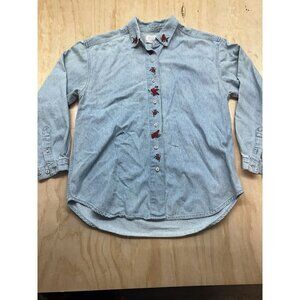Northern‎ Treasures Denim Shirt Embroidered Cardinals Christmas S Button Womens